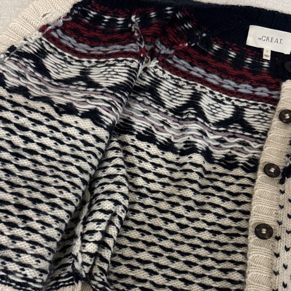 THE GREAT. Cream and Navy Patterned Cardigan - Picture 5 of 8
